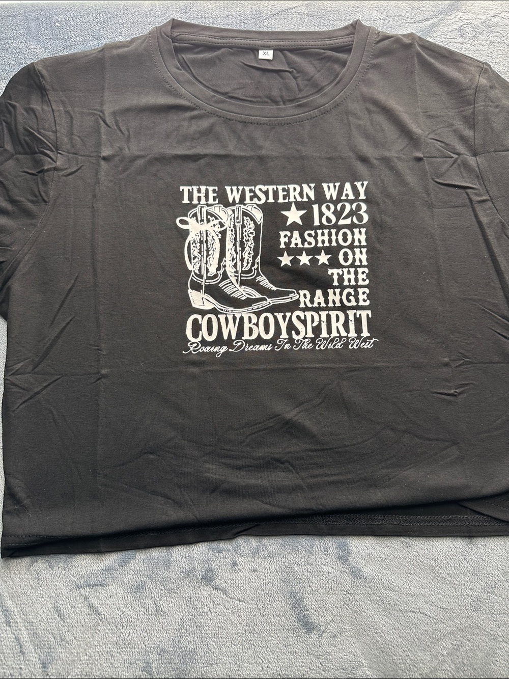 Amazon Black Crop Top with White Cowboy Graphic